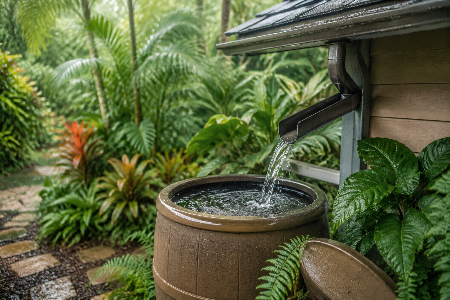 Rainwater falling into a garden rain barrel